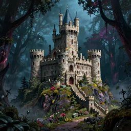 of a beautiful scary Hyperrealistic stone castle on top of a hill in the middle of a dark and creepy forest, macro lens, highly detailed, digital painting, trending artstation, concept art, illustration, cinematic lighting, vibrant colors, photorealism, epic, octane render