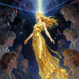 a golden goddess with blue adornments quarter turn figurative anime portrait, in space, transcending to a higher plane, the eternal blessing, in the multiverse, lazer light beaming down to top of her head, by android jones, by ben ridgeway, by ross draws, by Noah Bradley, by Maciej Kuciara + illustrative + visionary art + low angle + oil painting + profile portrait artgerm,  featured in artstation, elegant, Moebius, Greg rutkowski
