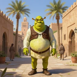 shrek in marrakech streets, palm trees, highly detailed, digital painting, artstation, concept art, smooth, sharp focus, illustration, art by artgerm and greg rutkowski and alphonse mucha