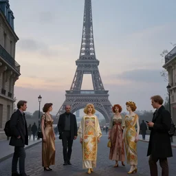 a street with eiffel tower in the background, misty evening, fantasy art, highly detailed matte painting, telephoto lens 2 0 0 mm, by stanley artgerm lau, greg rutkowski, thomas kinkade, alphonse mucha, loish, norman rockwell, artstation