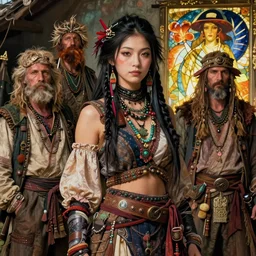 detailed ultrarealistic photography of cyberpunk rustic medieval hippie warrior japanese girl, brom, craig mullins, vallejo, moebius, ian miller, mucha cinematic, full shot