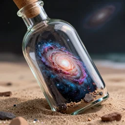 an undiscovered galaxy inside!!!!!! a glass bottle, on beach intricate detail volumetric lighting epic composition hyper detailed ultra realistic sharp focus oc