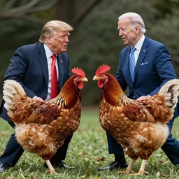 donald trump and joe biden fighting against giant chickens together