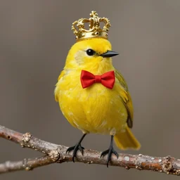 a yellow bird wearing a crown and a red bow tie by edwin landseer