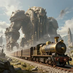 incredibly colossal giant ancient fantasy train runs on rails. extremely high details, artstation contest winner, masterpiece, fantasy art, digital art by anthony brault, hubert robert