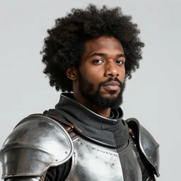 black man with afro hair and raspy beard stubble as a knight, highly detailed, anatomically correct, black and white, manga, art by kentaro miura