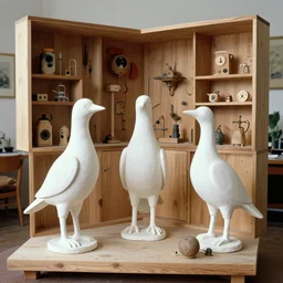 realistic photo of a three birdmen sculptures by max ernst made of white clay, in a living room sci - fi laboratory with many wooden gadgets made of wood interior is made of wood 1 9 9 0, life magazine reportage photo, natural colors