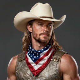 a portrait of chris hemsworth with a cowboy hat on with an American flag scarf, D&D, sci-fi, elegant, hopeful, muscular, highly detailed, digital painting, artstation, concept art, smooth, sharp focus, illustration