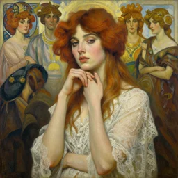 a stunning surrealistc portrait painting of goddess angela sarafyan, contemplative, hybrid oil painting, surreal high fashion, lace clothing, scenic background, art by jeremy pitkin, alphonse mucha, greg rutkowski, tim hildebrandt, boris vallejo, artgerm