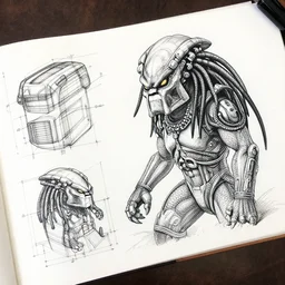 a full page concept designs of the predator, industrial design blueprint, intricate details, ink on paper, scientific, highly detailed labeled, poster, peter mohrbacher, isometric perspective, high quality, 8 k, hd