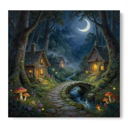 painting, high detail, woodland village, night, fantasy, crescent moon, stone paths, bridge, water stream, luminous, toadstools, fireflies, fantasy,, flowers, lanterns, mist, highly detailed painting, fine lines, 8 k realistic, sharp focus