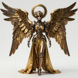 Steampunk Angel, mechanical long wings, gear halo, empty eyes, metallic bronze skin, golden tech robes, female looking, normal lenght legs, steampunk fantasy, extremely detailed, trending on artstation