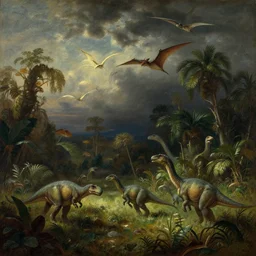a scene of the jurassic era, with extinct plants and tropical rain forests. a dark sky is looming above. pteradactyls are seen flying in the sky. herds of dinos are seen in the grassy fields. in the style of hudson river school of art, oil on canvas