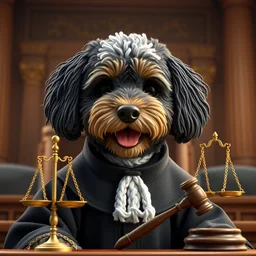 a closeup photorealistic illustration of a smiling knitted bernedoodle judge dog dressed in a black gown, presiding over the courthouse. scales of justice and a gavel in the scene. this 4 k hd image is trending on artstation, featured on behance, well - rendered, extra crisp, features intricate detail, epic composition and the style of unreal engine.