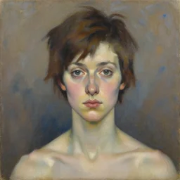 expressive medium shot portrait of a beautiful young woman with tomboy short brown hair, brown and blue palette, oil painting, muted colors, artwork by lucian freud