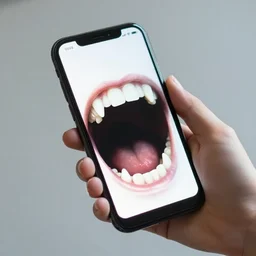 a photo of a hand holding a cellphone, monster mouth with fangs on the phone screen trying to bite,