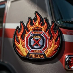 plain yet detailed, fire station flame embroidered patch retro design