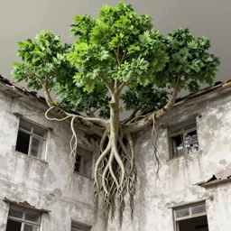 trees growing from the ceiling of a decaying house with hanging roots and vines by claude monet