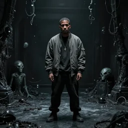 [ kanye west!! stands ] in a [ liminal space ]!!, [ dark room ]!!, creepy atmosphere!!, trending on artstation, 4 k photorealism, 8 k quality, macabre lighting, alienated feel, vignette, golden ratio!!, centered!!