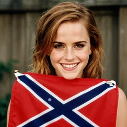 portrait close up, emma watson redneck, mischievous grin, confederate flag, 2 6 mm, kodak gold 2 0 0,