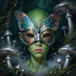 a close - up neoclassicist portrait of a big - eyed alien boy with green skin wearing an iridescent tribal butterfly mask surrounded by silver mushrooms in a jungle at night. reflective textures. glowing fog. highly detailed fantasy science fiction painting by moebius, norman rockwell, frank frazetta, and syd mead. rich colors, high contrast, gloomy atmosphere, dark background. artstation