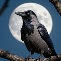 a hyper-detailed close-up portrait of a crow on a tree in front of the full big moon; an extraordinary masterpiece; flawless; proud posture; photorealistic eyes; trending on artstation; f/1.4; 90mm