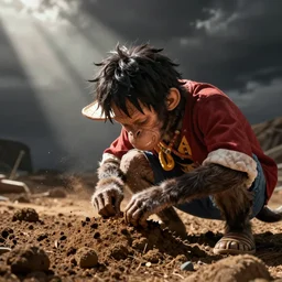 Monkey D. Luffy eating dirt from the ground