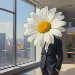 giant daisy flower as a head, woman in suit, standing next to a modern window in luxury loft, surreal photography, sunlight, impressionist painting, digital painting, artstation, simon stalenhag