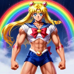 muscular cross dressing magical girl illustration in anime style, muscular, male, digital painting, artstation, simon stalenhag, epic, stunning, rainbows, sailor moon, hdr, highly detailed
