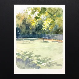 small centered on watercolor paper, paint brush strokes, abstract watercolor painting of tennis court, daylight, shadows, covering foliage, sunlight shining through, translucent leaves, cinematic light, national romanticism by hans dahl, by jesper ejsing, by anders zorn, by greg rutkowski, by greg manchess, by tyler edlin