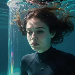 detailed face of a woman in a wetsuit with flowing hair under water, tiny bubbles, currents, caustics, glass cylinder, prism, atmospheric, ambient, pj crook, syd mead, livia prima, artgerm, greg rutkowski, nick alm, casey baugh