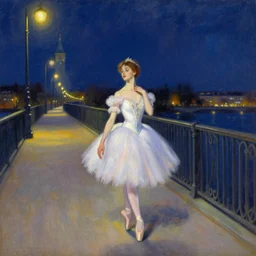 a hiper intricate oilpainting of a beautiful ballerina walking at midnight by the light of the street lights on the lonely bridge extremely detailed, sharp focus, wide view, smooth, digital illustration, colorfull, by edgar degas, by edmund dulac