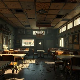 the in - game fallout new vegas screenshot of interior of an abandoned restaurant with furniture and everything in deterioration, style artstation, style greg rutkowsk, comic art book,, octane render, unreal engine 6, epic game graphics, fantasy, post - apocaliptic, ray tracing