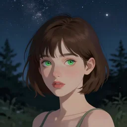 an hd photo of a cute young woman with short brown hair and green eyes, beautiful trees in the background, night sky with stars and galaxies, trending on artstation
