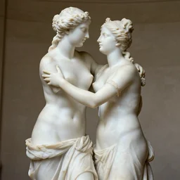 sculpture of venus de milo and aphrodite hugging each other, hyperrealistic style in carrara marble