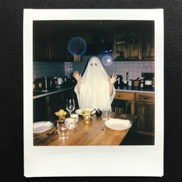 ghostly apparition, a 1 9 8 5 color polaroid of a seance at a kitchen table captures the image of a spirit entity, paranormal evidence, aged photo, orbs, backscatter, authentic