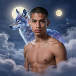 portrait of a ( ( ( astral wolf ) ) ), ( ( guapo joven caliente colombiano mulato pelo buzzed ) ), nubes y magia, el sol, concept character, by greg rutowski and tezuka and oi and mucha and bierstadt and remington, trending on artstation