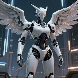 humanoid robot demon standing in futuristic city at night, cinematic, highly detailed, expressive eyes, beautiful symmetric white metal body, mechanical wings, dynamic lighting, by Tom Bagshaw