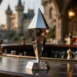 a tall reflective very symmetrical polyhedral 3 d printed steel engineering trophy at a high end bar in a medieval themed castle in golden afternoon light, professional food photography