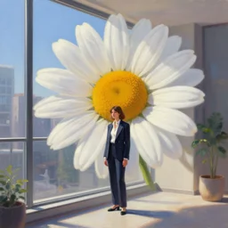 huge daisy flower head, girl in suit, standing next to modern window in luxury apartment, surreal photography, sunlight, impressionist painting, digital painting, artstation, simon stalenhag