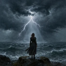 concept art, facing the back of a womand standing alone in the middle of a sea storm, thunderstom, rain, medieval, dark concept art, painting by wlop, nixeu and greg rutkowski, beautiful, semirealism, artstation, octane render, sharpness, 8 k, golden ratio