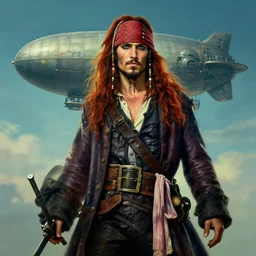 portrait painting of a 3 0 years old rugged masculine male pirate long long hair soft hair crimson hair upper body long coat elegant muscular rugged handsome floating mechanical zeppelin in background sky, unreal 4 key art cinematic lighting art 1 9 2 0 france by mucha rutkowski artgerm