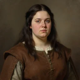 portrait, 3 0 years old woman : : dark straight hair : : slightly overweight : : brown medieval cloting, natural materials : : high detail, digital art, illustration, oil painting, realistic