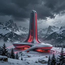 futuristic atmosphere in the snowy mountains dolomites 3 d concept art, cinematic lighting, red neon laser, rule of thirds, depth of field, intricate details, building by zaha hadid, stormy snowing weather, emissary space by arthur haas and bruce pennington and john schoenherr, cinematic matte painting, dark moody colors, trending on artstation, featured on behance