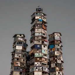 close - up photo of towers made up of makeshift squatter shacks, night time, studio light, mamiya, f 1. 7, uniform plain sky, fine details, photographed by michael wolf and and pollock