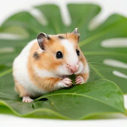 a very tiny dwarf hamster eating a large tropical leaf, realistic, depth of field, bokeh blur, studio lighting, detailed, 4 k ultra hd