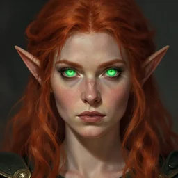 portrait of a female elf warlock, glowing green eyes, bushy red hair, freckles, medieval setting, detailed face, highly detailed, digital painting, artstation, concept art, sharp focus, illustration, art by greg rutkowski and artgerm