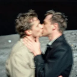 a smudged, grainy and blurry photograph of two men kissing on the moon, taken with soviet flash camera at slow shutter speed, artistic