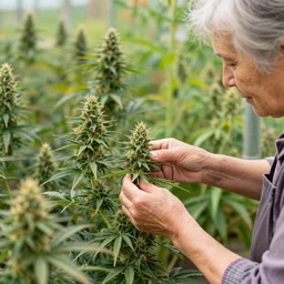 a photography of an old lady picking cannabis buds in her garden, rows of cannabis plants, british countryside, daido moriyama, nobuyoshi araki, analogue photography, war on drugs