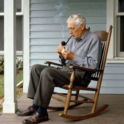 an old man smoking a pipe, sitting in a wooden rocking chair on a front porch, Whittling a piece of wood, by Norman Rockwell